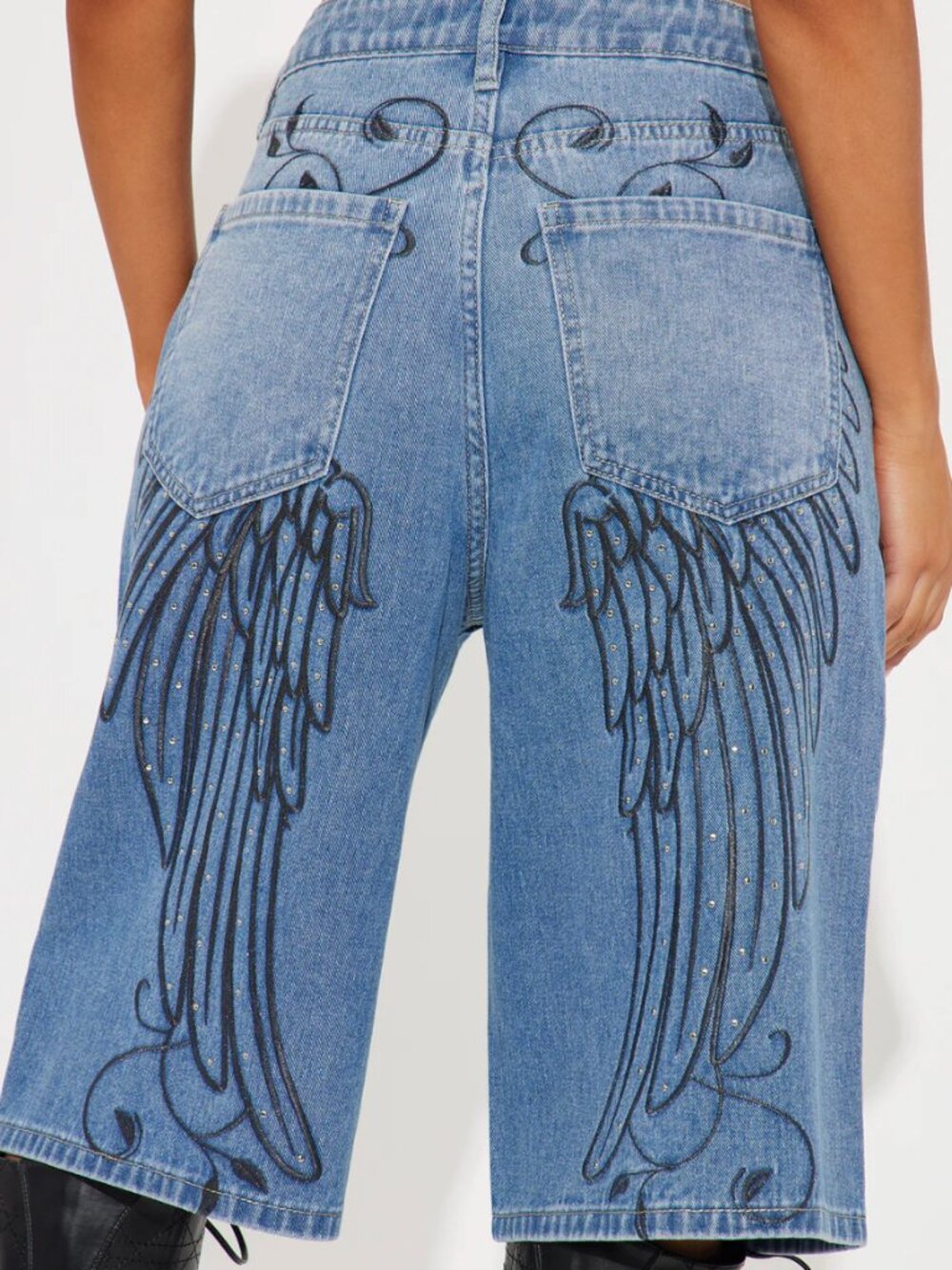 Y2K longline Jorts streetwear Austin Landing embroidered angel wing emo grunge